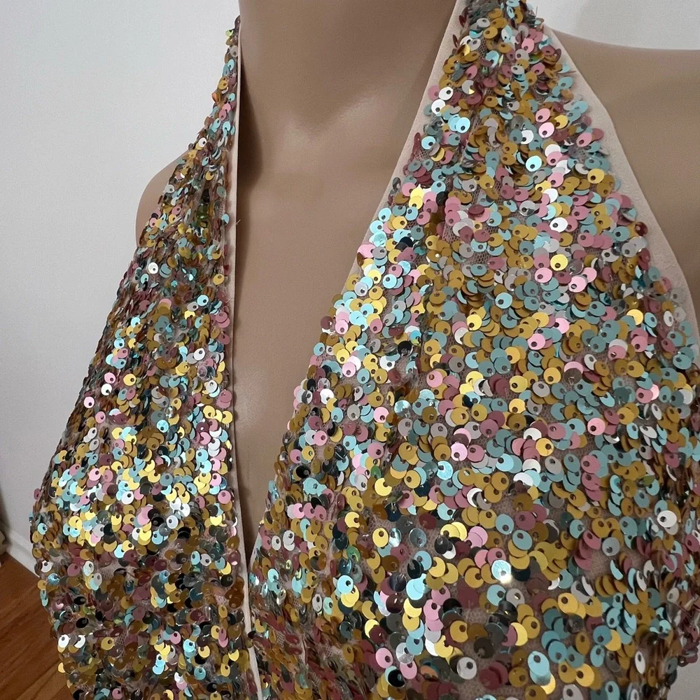 Marciano Limited Edition Shimmering Gold Sequin Halter Gown - Picture 3 of 9